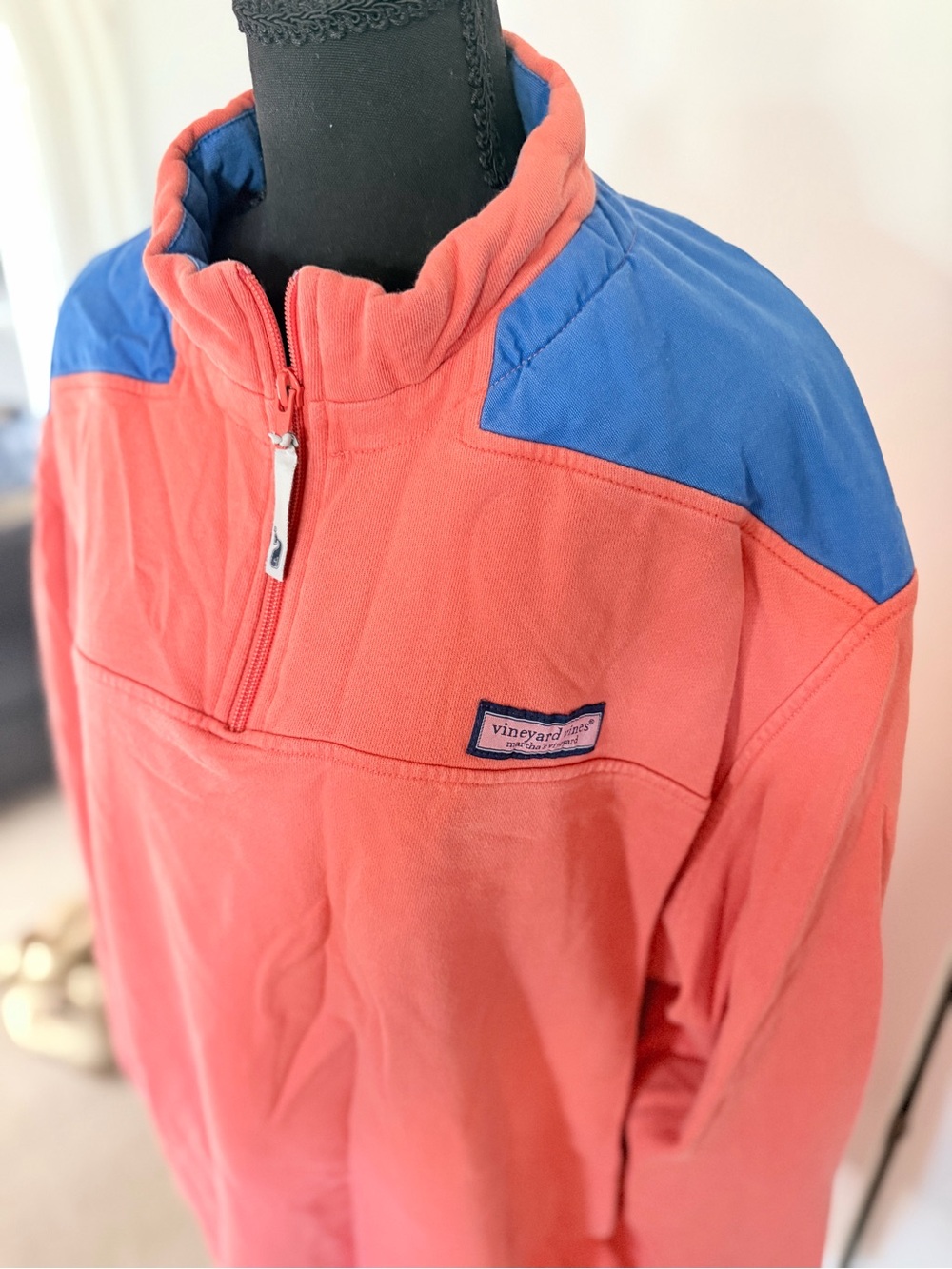 Vineyard Vines Coral Quarter-Zip Pullover with Blue Shoulders